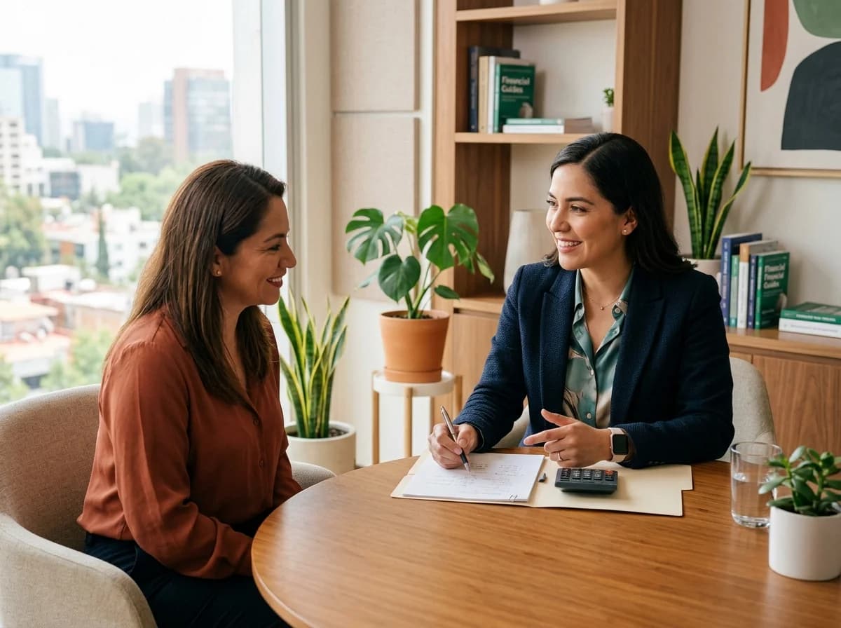 Asesora de Bravo conversando con clientes para resolver su situación financiera